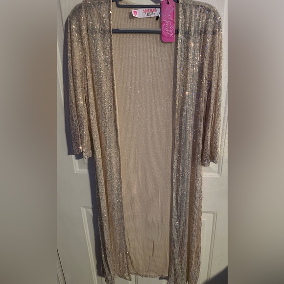 Sequin Iridescent Champagne Duster With Belle Sleeves - Picture 6 of 9